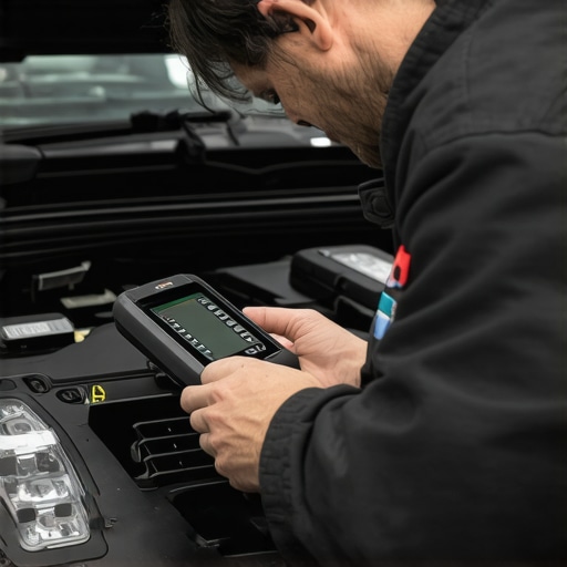 Automotive Diagnostic Scanner in Action Technician performing vehicle diagnostics with a handheld scanner