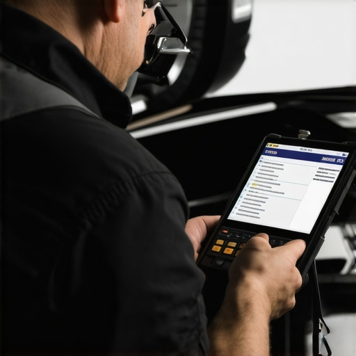 Automotive Diagnostic Scanner in Action Mechanic inspecting vehicle diagnostics with a high-tech scanner and tablet.
