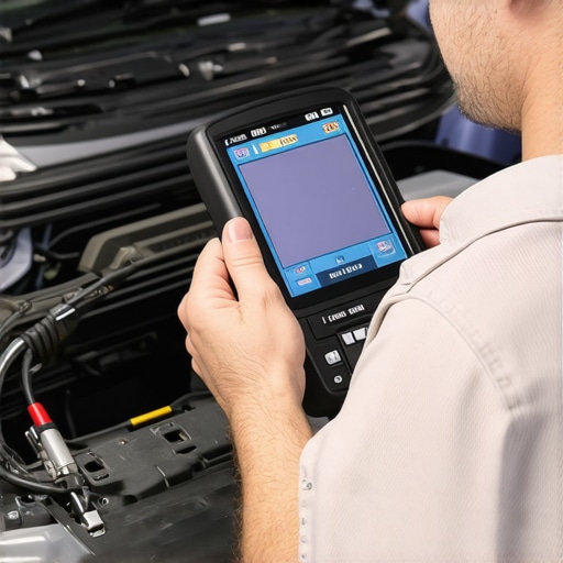 Automotive Diagnostic Scanner in Use Mechanic diagnosing vehicle issues with advanced scanner