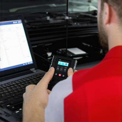 Automotive Diagnostic Scanner in Use Person using an automotive diagnostic scanner connected to a vehicle's OBD-II port, reviewing data on a laptop.