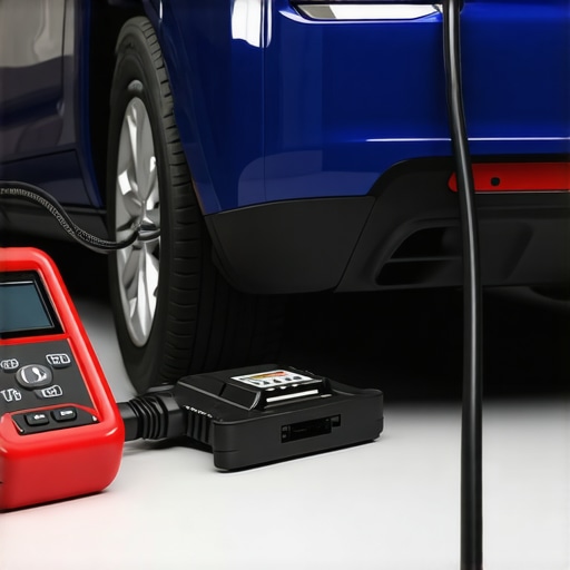 Automotive Diagnostic Scanner in Use Close-up of a diagnostic scanner connected to a car's OBD port during maintenance.