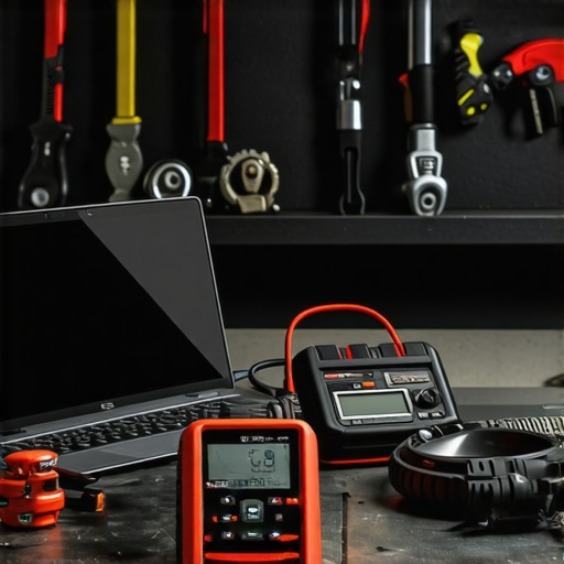Automotive Diagnostic Tools Workshop Setup Close-up of diagnostic scanner connected to a laptop in a mechanic's workshop.