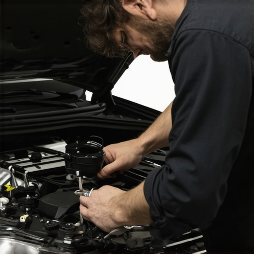 Mechanic analyzing engine diagnostic data with specialized equipment