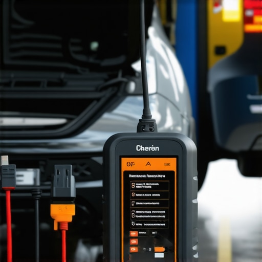 Car diagnostics scanner connected to vehicle during maintenance