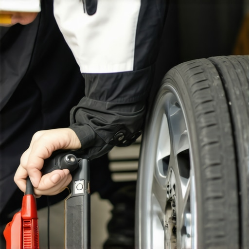 Car brake inspection with diagnostic tools Mechanic examining brake pads with diagnostic tools for safety and effectiveness