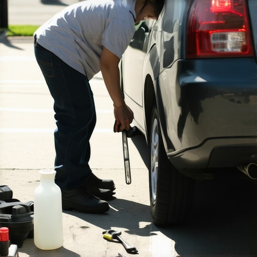 Person inspecting car fluids in driveway with tools