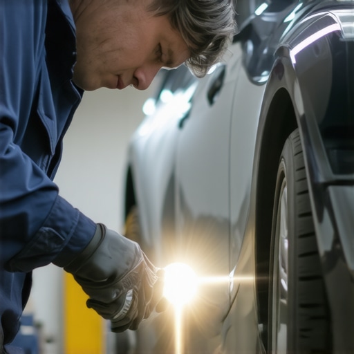Mechanic examining a vehicle's engine for oil leaks with flashlight and paper towel