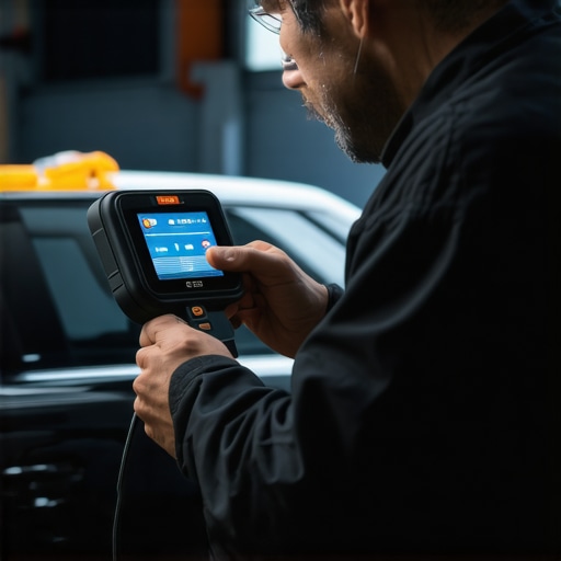 Diagnosing Vehicle Issues with a Modern OBD-II Scanner Mechanic performing vehicle diagnostics using a handheld OBD-II device in a well-lit garage