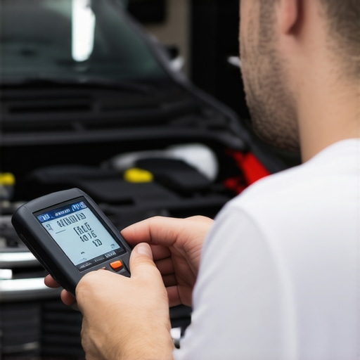 Diagnostic Scanner in Action Mechanic reading vehicle diagnostic trouble codes with a scanner in the engine bay.