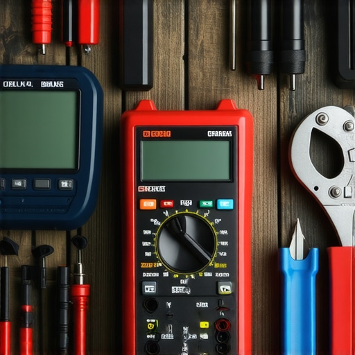 Essential Auto Maintenance Tools Multimeter, OBD-II scanner, and brake caliper spreader for vehicle diagnostics and repairs.