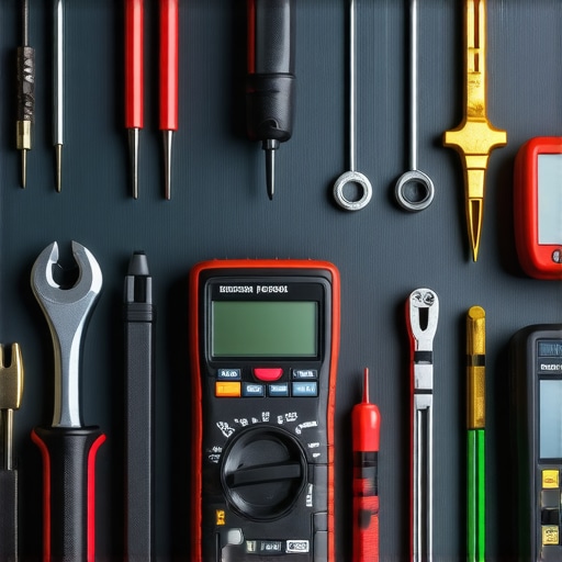 Essential Auto Repair Tools for DIY Maintenance A neat collection of auto repair tools including a multimeter, torque wrench, and diagnostic scanner on a workbench