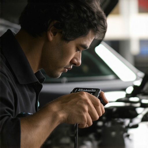 Technician performing detailed vehicle diagnostic with a scanner in a workshop