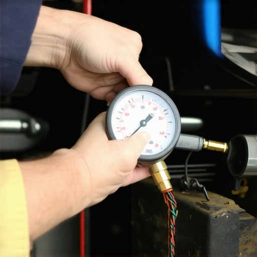 Fuel Pressure Testing in Process Mechanic attaching a fuel pressure gauge to a car's fuel system for testing.