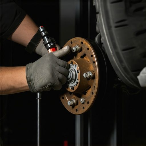 Inspecting Brake Components Mechanic examining car brake pads during service.