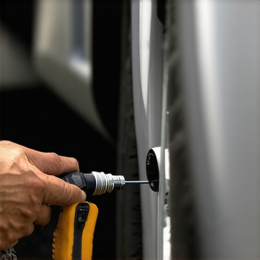 Inspecting Car Drain Plugs for Rust Prevention A mechanic checking car door drain plug with a flashlight and tools