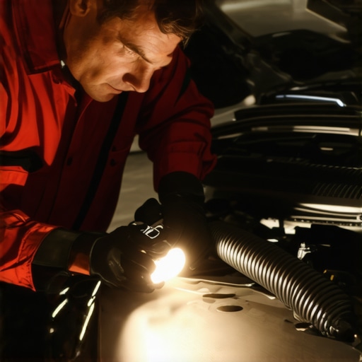 Mechanic using flashlight to check vacuum hoses in engine bay