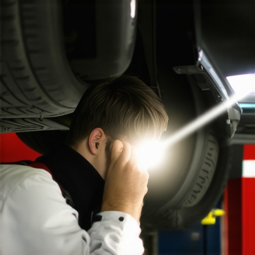 Mechanic using flashlight to check car's wheel bearing for wear.