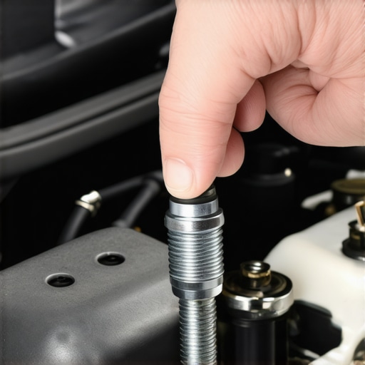 Hand inspecting a new spark plug in a car engine