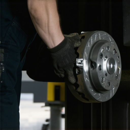 Mechanic examining brake rotor and caliper during repair.