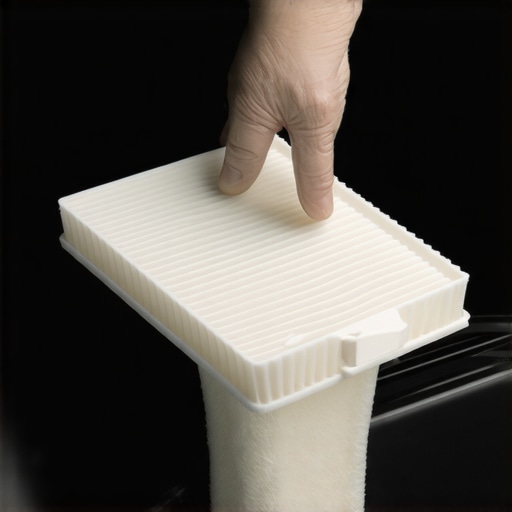 Person carefully inserting a new cabin air filter into a vehicle's housing