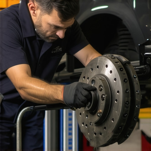 Mechanic using dial indicator on brake rotor in garage.
