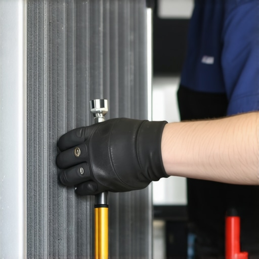 Mechanic Performing a Radiator Flush Mechanic flushing a car radiator with a hose in a garage