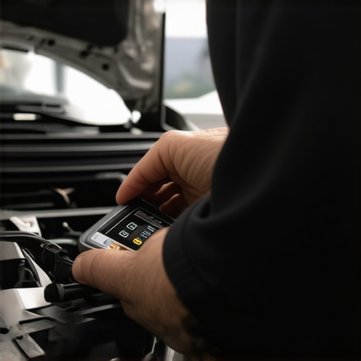 Modern automotive diagnostic tools at work Mechanic performing vehicle diagnostics with advanced equipment