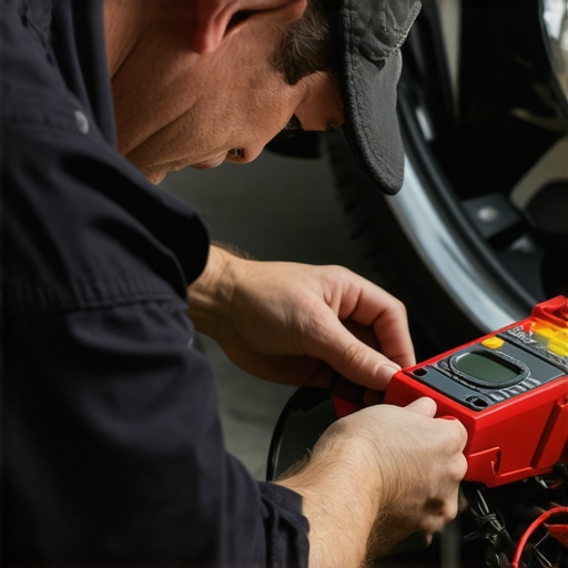 Pro Mechanic Measuring Battery Voltage Mechanic testing car battery voltage with multimeter in workshop.
