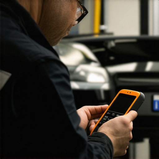 Professional Vehicle Diagnostic Scanner at Work Mechanic connecting a diagnostic scanner to a vehicle's OBD port for detailed analysis