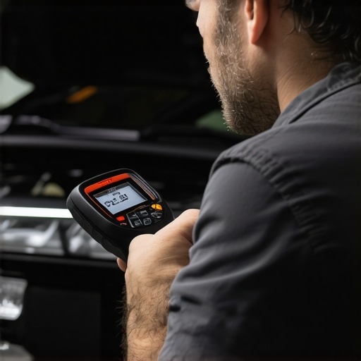 Professional vehicle diagnostic equipment Mechanic analyzing vehicle data with an advanced OBD-II scanner in a garage setting