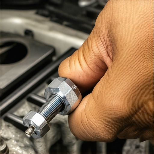 A mechanic using a torque wrench on a spark plug in an engine bay