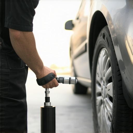 Proper Tire Rotation Technique Automotive technician rotating tires with a jack and torque wrench on a level surface.