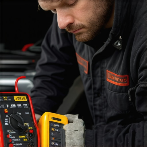 Using Diagnostic Tools for Auto Maintenance Mechanic testing electrical systems with multimeter and OBD-II scanner in garage