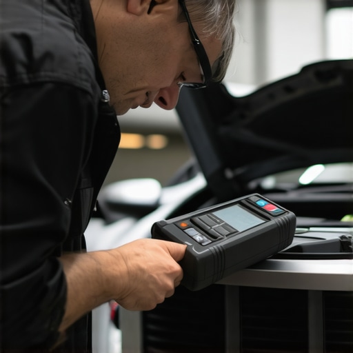 Using Diagnostic Tools for Vehicle Maintenance Mechanic connecting a diagnostic scanner to a car's engine to read fault codes