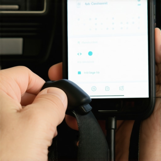 Mechanic connecting a wireless diagnostic tool to a car's OBD port, with a smartphone showing diagnostic data.