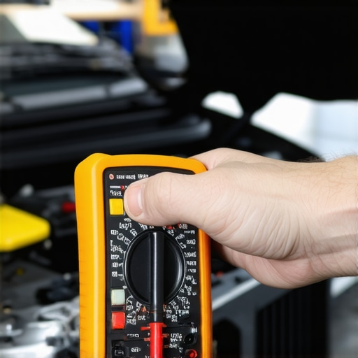 Using a Multimeter for Vehicle Diagnostics Mechanic testing vehicle electrical system with a multimeter in garage