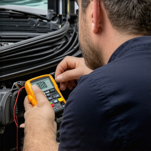 Using a Multimeter for Vehicle Diagnostics Mechanic testing a car's electrical circuit with a digital multimeter.