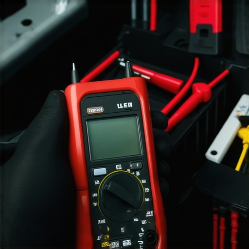 Using a multimeter for vehicle diagnostics Person testing car sensor wiring with a multimeter in a garage setting.
