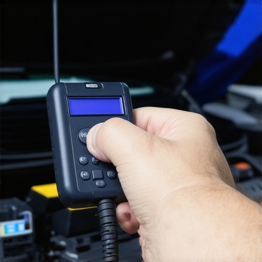Using a professional OBD-II scanner for vehicle diagnostics Mechanic's hand operating an OBD-II scanner connected to a car's diagnostic port.