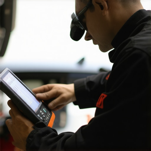 Mechanic analyzing car data on a professional diagnostic tool in a garage