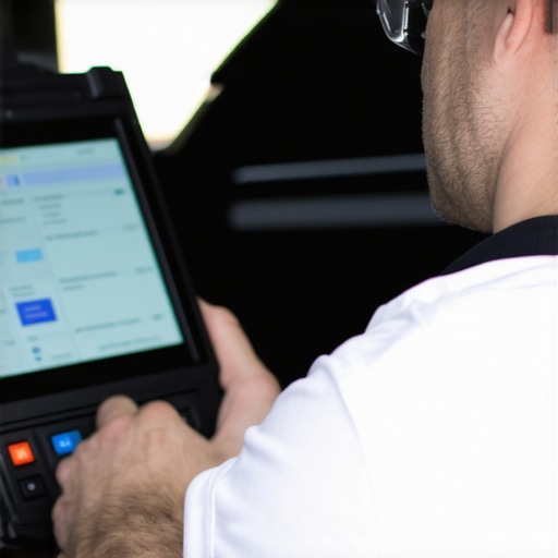 Vehicle Diagnostics in Action Mechanic analyzing car engine data with a digital scanner in a garage