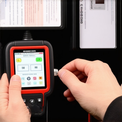 A mechanic's hands connecting an OBD-II scanner to a car for vehicle diagnostics.