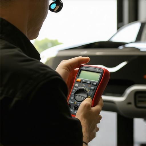 Mechanic testing car sensors using a multimeter in garage.