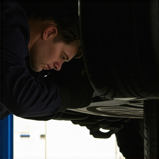 Mechanic checking car suspension components and tire wear in a workshop.