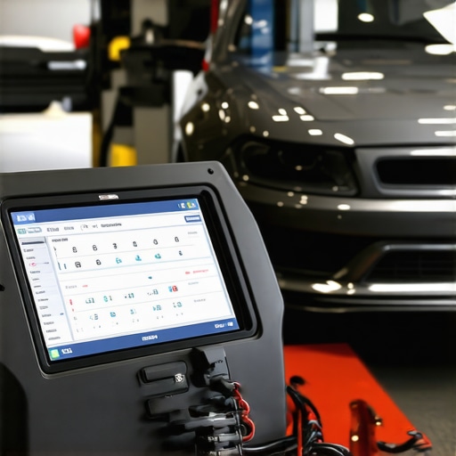 Advanced Vehicle Diagnostic Tools in Action Automotive technician using a diagnostic scanner connected to a car engine in a professional workshop.