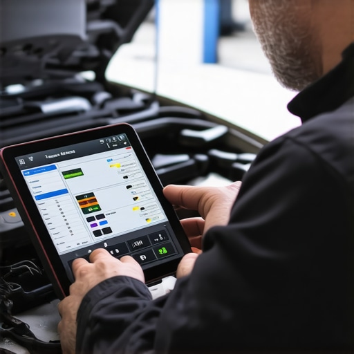 Advanced Vehicle Diagnostics in Action Mechanic using diagnostic tools to troubleshoot a vehicle's issues.