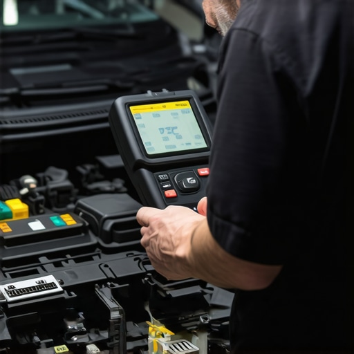 Advanced Vehicle Diagnostics Mechanic analyzing vehicle diagnostics with electronic tools