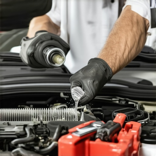 Mechanic adding engine cleaner to car engine during maintenance