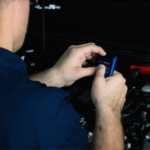 Auto diagnostics in action Mechanic performing advanced vehicle diagnostics with digital tools