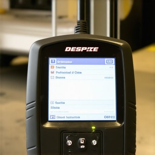 Automotive Diagnostic Scanner in Action Car diagnostic scanner connected to vehicle's port with data displayed on screen.
